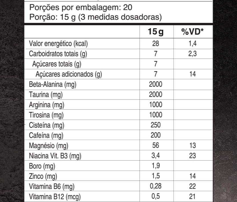 Pré-Treino Soldiers 300g - tabela